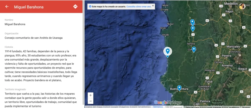 Este pantallazo muestra la construcción de la historia de un territorio por parte un liderazgo participante.
